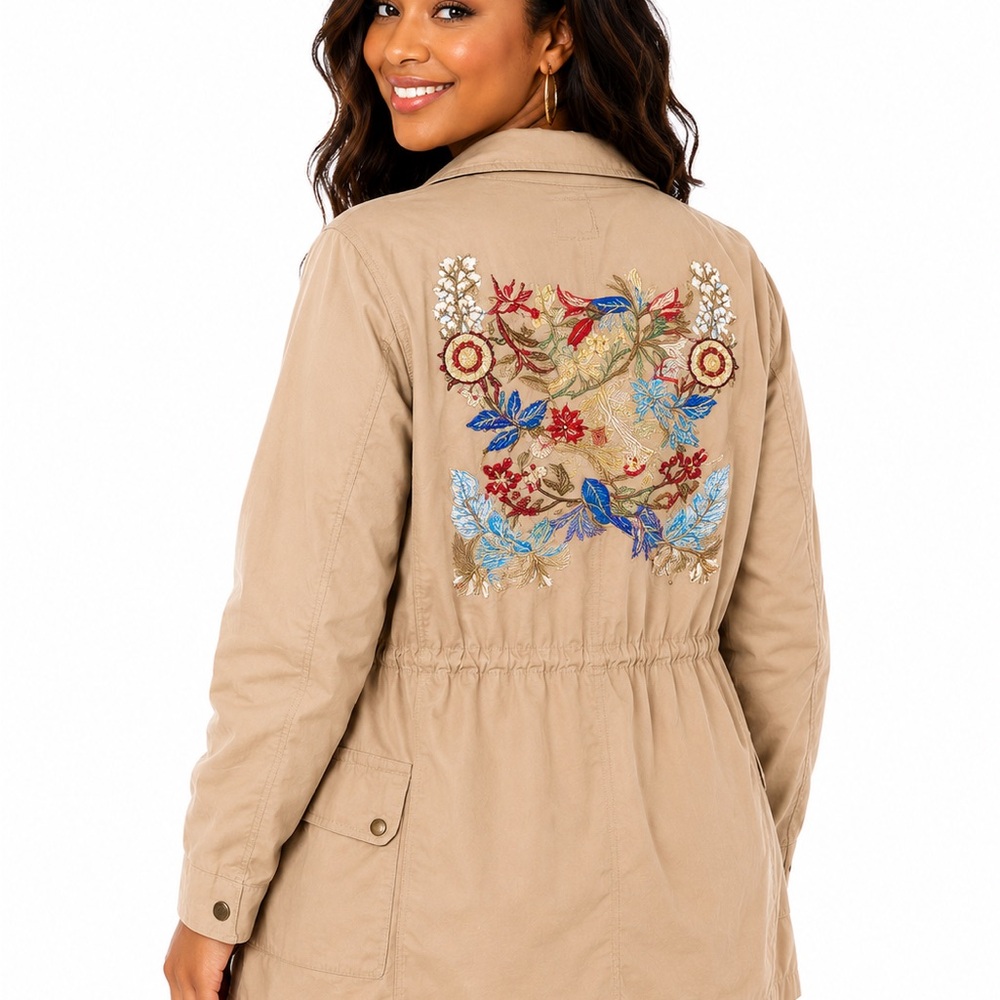Embroidered Beige Utility Jacket with Floral Back